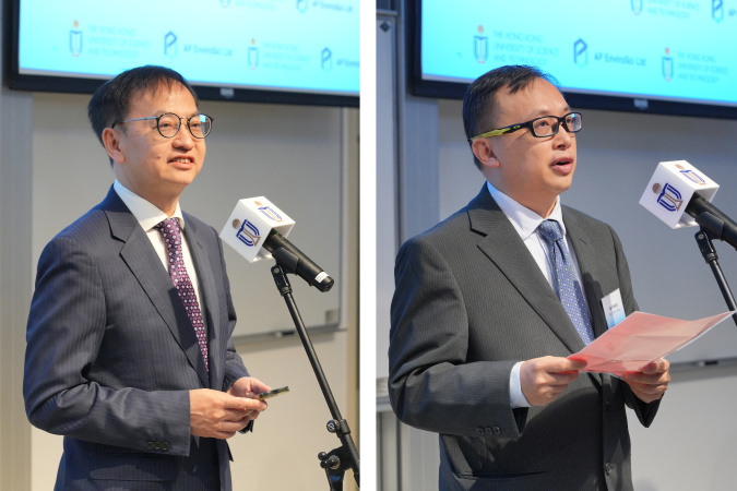 Dr. David Chung Wai-Keung, Chairman of Absolute Pure EnviroSci Limited (left), and Prof. Yang Zifeng, Associate Dean of the Guangzhou Institute of Respiratory Health at The First Affiliated Hospital of Guangzhou Medical University (right), speak in the ceremony.