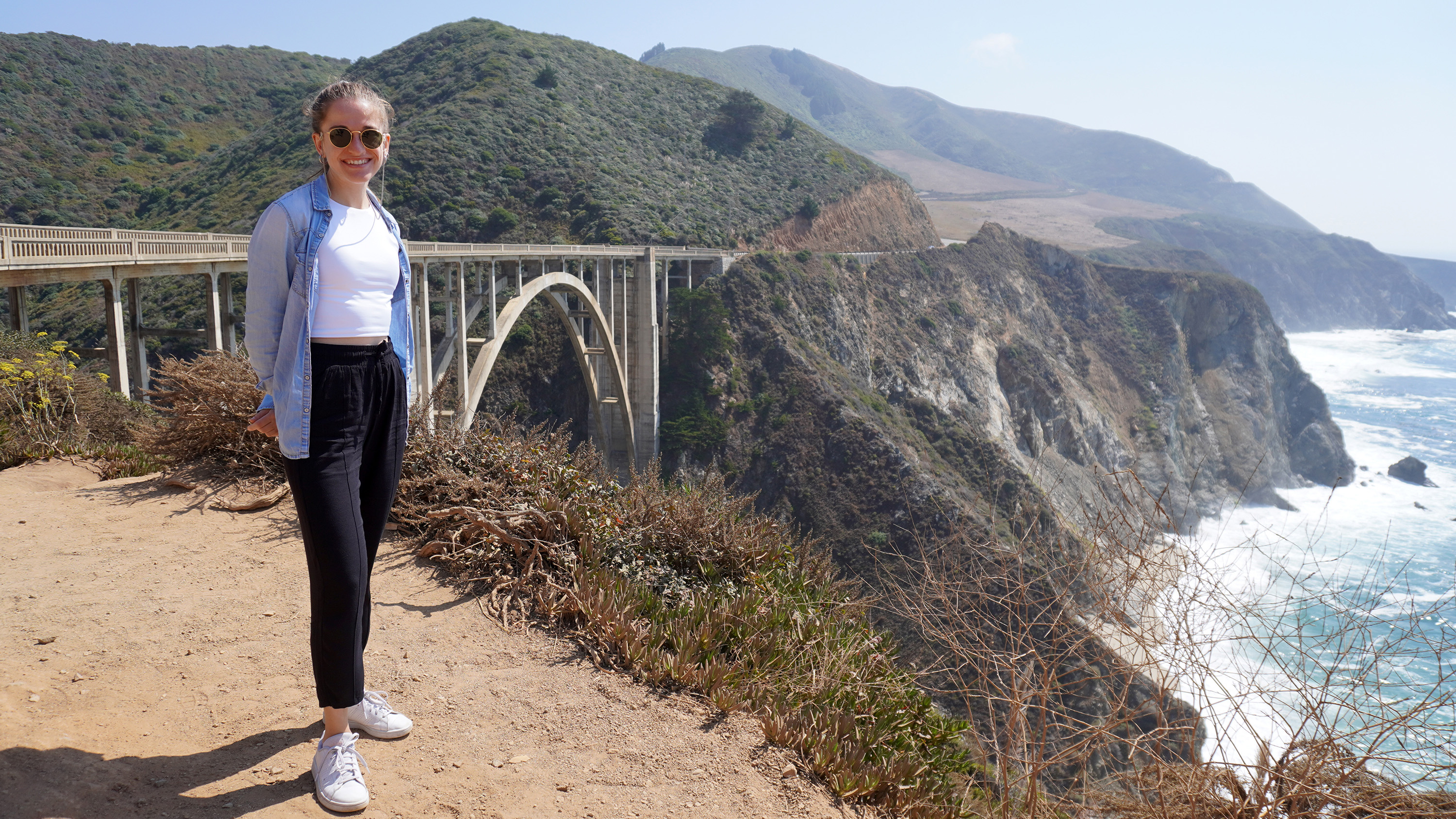 Charikleia is passionate about bridge structures. She stands in front of the Bixby Creek Bridge during her recent trip to the US.