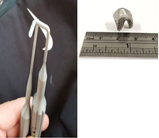 (Left) An orthodontic surgical tool for dentists to perform a new gum operation procedure, and (right) a dental root used in dental implants.