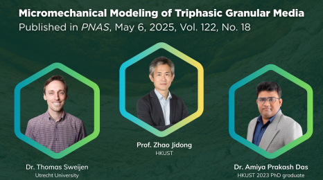 Prof. Zhao Jidong (center) and Dr. Amiya Prakash Das (right) from HKUST, together with Dr. Thomas Sweijen (left) from Utrecht University, have developed a groundbreaking computational model to study the movement of granular materials such as soils, sands and powders. Prof. Zhao Jidong (center) and Dr. Amiya Prakash Das (right) from HKUST, together with Dr. Thomas Sweijen (left) from Utrecht University, have developed a groundbreaking computational model to study the movement of granular materials such as soils, sands and powders.