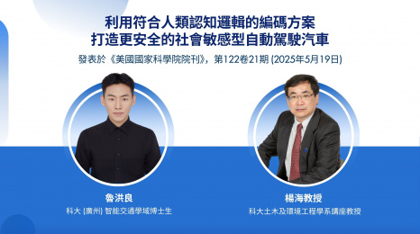 科大土木及環境工程學系講座教授楊海(右)與科大(廣州)智能交通學域博士生魯洪良(左)融合神經科學、認知科學和倫理學,開發出一套新系統,使自駕車能像真人司機般「思考」。 科大土木及環境工程學系講座教授楊海(右)與科大(廣州)智能交通學域博士生魯洪良(左)融合神經科學、認知科學和倫理學,開發出一套新系統,使自駕車能像真人司機般「思考」。