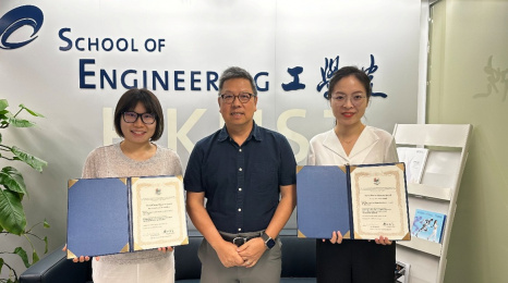 Dean of Engineering Prof. Hong K. Lo (center) and his PhD students Su Zhiya (left) Ma Qiru (right) Dean of Engineering Prof. Hong K. Lo (center) and his PhD students Su Zhiya (left) Ma Qiru (right)