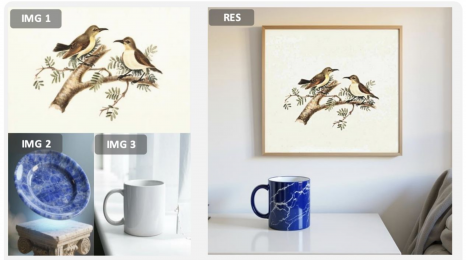 在多模態指令生成任務中，DreamOmni2能基於圖片中的實體進行圖像生成，例如提取圖一的畫作掛在臥室牆上，將圖二盤子的材質套用在圖三的水杯，並將水杯放置在桌子上，以生成符合用家要求的新圖像。