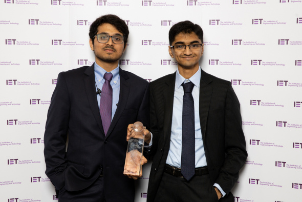 Amrut (left) and Paddy at the global final of the IET Present Around The World Competition.