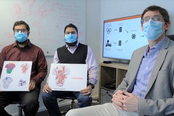 The research team (from right) – Prof. Matthew McKay, Professor at HKUST’s Department of Electronic & Computer Engineering and Department of Chemical & Biological Engineering; Dr. Ahmed Abdul Quadeer, Research Associate at the Department of Electronic & Computer Engineering; and Mr. Syed Faraz Ahmed, PhD student – recently identified a set of potential vaccine targets which could be helpful for the development of a vaccine against the SARS-CoV-2 coronavirus.