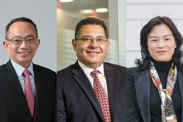 (From left) Prof. Tim Cheng, Prof. Khaled B. Letaief, and Prof. Zhang Qian are newly elected Fellows of the Hong Kong Academy of Engineering Sciences.