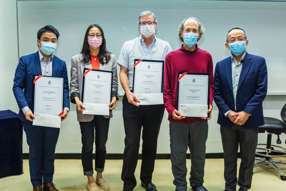 (From left) Prof. Terence Wong, Prof. Rhea Liem, Prof. Ross Murch, and Prof. Andrew Horner received the SENG Teaching Excellence Appreciation Award 2020-21 from Prof. Tim Cheng, Dean of Engineering. (From left) Prof. Terence Wong, Prof. Rhea Liem, Prof. Ross Murch, and Prof. Andrew Horner received the SENG Teaching Excellence Appreciation Award 2020-21 from Prof. Tim Cheng, Dean of Engineering.