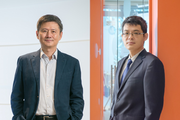 (From left) Prof. Zhou Xiaofang has been named Otto Poon Professor of Engineering while Prof. Wang Jiguang has been appointed Padma Harilela Associate Professor of Life Science.