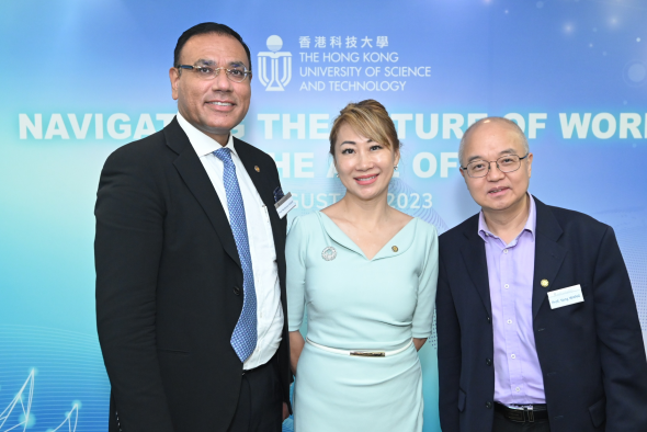 (From right) HKUST Vice-President for Institutional Advancement Prof. Wang Yang, Chair Professor of the Department of Electronic & Computer Engineering at HKUST Prof. Pascale Fung and Acting Head of Division of Public Policy at HKUST Prof. Naubahar Sharif are three of the speakers who give talk to the five-day World Economic Forum Young Global Leaders (YGL) Education Module.