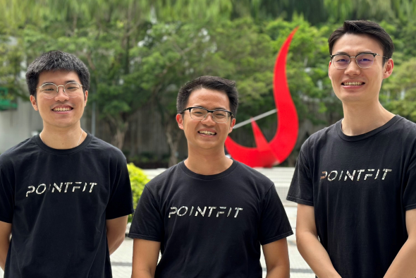 Kenny Oktavius (center), Jack Chen (right), and Adley Prawoto pioneered a sweat sensor that eliminates the need for invasive blood samples when testing for muscle fatigue.