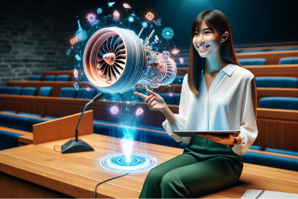 An AI-generated image portraying a learner exploring an aircraft engine with extended reality technology.