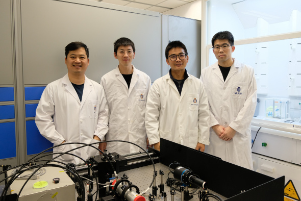 Prof. Zhou Yanguang (second right), Assistant Professor of Mechanical and Aerospace Engineering at HKUST, and his PhD students Fan Hongzhao (first left), Wang Guang (second left) and Li Jiawang (first right)