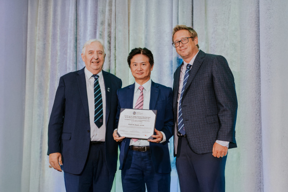 Prof. Charles Ng (center) received the R.M. Quigley Award at the Canadian Geotechnical Conference, which was held on September 15-18, 2024, in Montreal, Quebec.