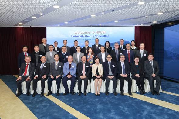 The UGC delegation, led by UGC Chairman Mr. Tim Lui (fifth left, first row), visits HKUST on January 9, 2025 to learn more about the University’s latest research and innovation endeavours. The guests are warmly received by HKUST President Prof. Nancy Ip (fifth right, first row), senior management, and school deans. 