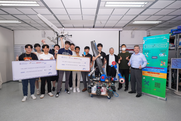 The three winning teams of the USEL-ASMPT Technology Award 2025 alongside judging panel members: Prof. Mow Wai-Ho (third right), Associate Dean of Engineering (Undergraduate Studies); Prof. Robin Ma (second right), Associate Professor of Engineering Education in the Department of Mechanical and Aerospace Engineering, and Mr. Paul Lavigne (first right), Teaching Associate of the Center for Engineering Education Innovation (E2I) The three winning teams of the USEL-ASMPT Technology Award 2025 alongside judging panel members: Prof. Mow Wai-Ho (third right), Associate Dean of Engineering (Undergraduate Studies); Prof. Robin Ma (second right), Associate Professor of Engineering Education in the Department of Mechanical and Aerospace Engineering, and Mr. Paul Lavigne (first right), Teaching Associate of the Center for Engineering Education Innovation (E2I)