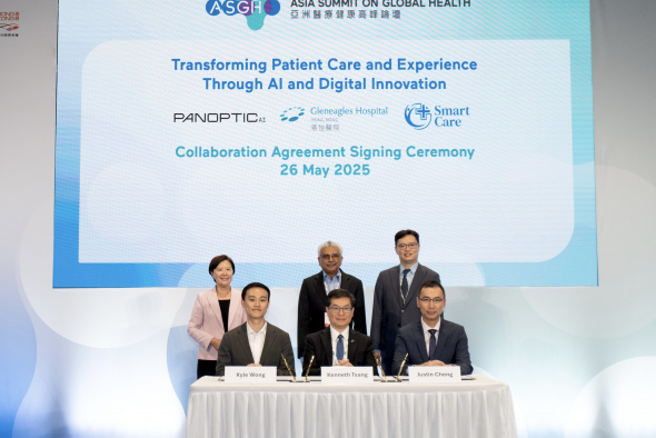 (Front row from left) Dr. Kyle Wong, Chief Executive Officer and Co-founder of PanopticAI Limited; Dr. Kenneth Tsang, Regional Chief Executive Officer of IHH Healthcare North Asia and Chief Executive Officer of Gleneagles Hospital Hong Kong; and Dr. Justin Cheng, Chief Executive Officer and Co-founder of SmartCare, sign a tripartite collaboration agreement on the development of AI-powered smart clinic solution, witnessed by (back row from left) Prof. Nancy Ip, President of The Hong Kong University of Science and Technology; Dr. Prem Kumar Nair, Group Chief Executive Officer of IHH Healthcare; and Dr. Patrick Lau, Deputy Executive Director of the Hong Kong Trade Development Council. (Front row from left) Dr. Kyle Wong, Chief Executive Officer and Co-founder of PanopticAI Limited; Dr. Kenneth Tsang, Regional Chief Executive Officer of IHH Healthcare North Asia and Chief Executive Officer of Gleneagles Hospital Hong Kong; and Dr. Justin Cheng, Chief Executive Officer and Co-founder of SmartCare, sign a tripartite collaboration agreement on the development of AI-powered smart clinic solution, witnessed by (back row from left) Prof. Nancy Ip, President of The Hong Kong University of Scienc