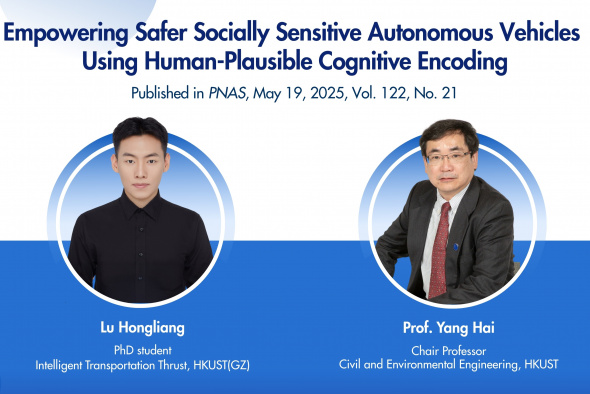 Prof. Yang Hai (right), Chair Professor of the Department of Civil and Environmental Engineering at HKUST, and his PhD student Lu Hongliang (left) from the Intelligent Transportation Thrust at HKUST(GZ), draw inspiration from neuroscience, human cognitive processes, and ethics to enable self-driving cars to “think” like human drivers. Prof. Yang Hai (right), Chair Professor of the Department of Civil and Environmental Engineering at HKUST, and his PhD student Lu Hongliang (left) from the Intelligent Transportation Thrust at HKUST(GZ), draw inspiration from neuroscience, human cognitive processes, and ethics to enable self-driving cars to “think” like human drivers.