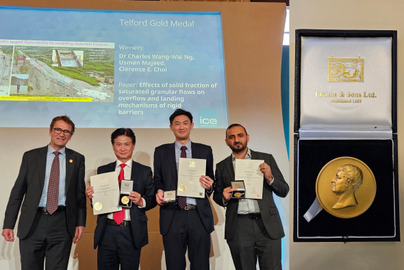 Prof. Charles Ng Wang-Wai (second left) and his team received the Telford Gold Medal (picture on right) by the Institution of Civil Engineers (ICE) in London. With over 180 years of history, this prestigious award recognizes the most outstanding civil engineering publication of the past year. Prof. Charles Ng Wang-Wai (second left) and his team received the Telford Gold Medal (picture on right) by the Institution of Civil Engineers (ICE) in London. With over 180 years of history, this prestigious award recognizes the most outstanding civil engineering publication of the past year.