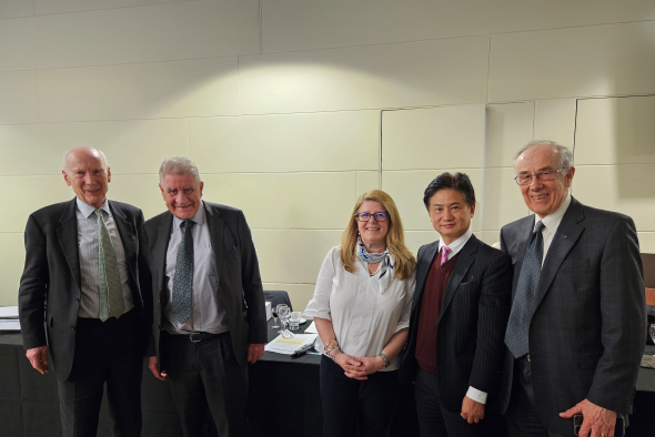 A group photo of Prof. Charles Ng (second right) with BGA Chair Ir Chaido Doulala‑Rigby (third right) and previous Rankine Lecturers, including Dr. Brian Simpson (first right), 32nd Rankine Lecturer; Prof. Lord Robert Mair (first left), 46th Rankine Lecturer; and Prof. Antonio Gens (second left), 47th Rankine Lecturer.