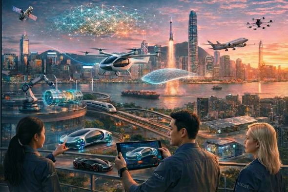 An AI-generated image illustrating the many facets of Mechanical and Aerospace Engineering (MAE): HKUST’s MAE programs empower students to shape the future by integrating AI, extended reality, and real-world innovation across air mobility, robotics, sustainable energy, smart manufacturing, advanced materials, space technologies, and beyond.