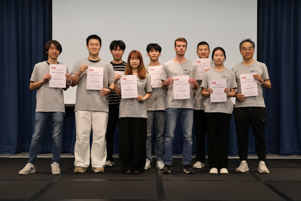 Prof. Robin Ma (back row, first right), Dr. Stanley Leung (front row, first right) and seven Mechanical and Aerospace Engineering students who joined the 14th IMechE Greater China Design Competition on April 15 at the HKUST Tsang Shiu Tim Art Hall.