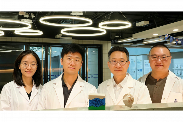 科大研究团队，包括机械及航空航天工程学系教授杨晶磊教授（右二）、博士后研究员刘碧媛（左一）、张雍淋（左二）以及博士候选人韩昱子（右一），发现界面聚合背后的量子机制与理性设计原则——这项突破将推动海水淡化与微胶囊技术的应用发展。
