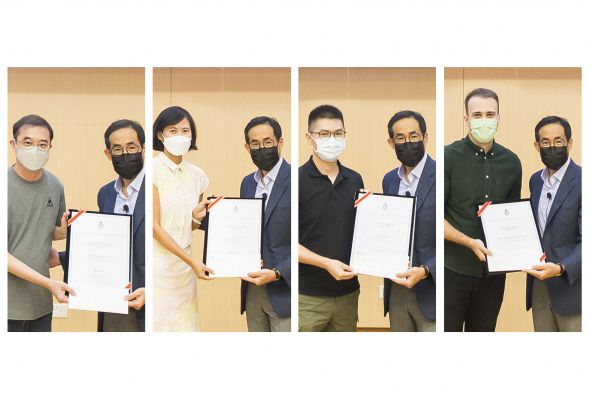 (From left) Prof. Desmond Tsoi, Prof. Winnie Leung, Prof. Larry Li, and Prof. Dimitris Papadopoulos received the SENG Teaching Excellence Appreciation Award 2021-22 from Prof. Bert Shi, Acting Dean of Engineering.