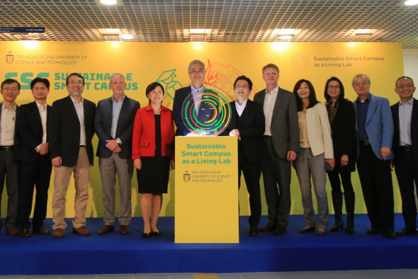 From left: Director of HKUST’s GREAT Smart Cities Center Prof. Lo Hong-Kam, Associate Vice-President for Knowledge Transfer and Dean of HKUST Fok Ying Tung Graduate School Prof. Enboa Wu, Associate Vice-President for Research & Development Prof. Charles Ng, Director of Interdisciplinary Programs Office and Acting Dean of Students Prof. King Chow, Head of HKUST’s Sustainability Unit Mr. Davis Bookhart, Vice-President for Research & Development Prof. Nancy Ip, President Prof. Wei Shyy, Acting Provost Prof. Po