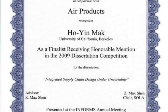 Prof Ho-Yin Mak Received Honorable Mention