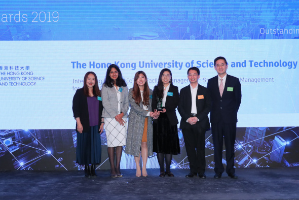 A Civil and Environmental Engineering team received the Outstanding Students Award at the Autodesk Hong Kong BIM Awards 2019. From left to right: Dr. Wendy Lee, Regional Manager of Autodesk Hong Kong, Sampriti Dwivedy, Chan Sum-Chau, Chen Weiwei, Prof. Jack Cheng, and Dr. Bernard Chan, Under Secretary for Commerce and Economic Development