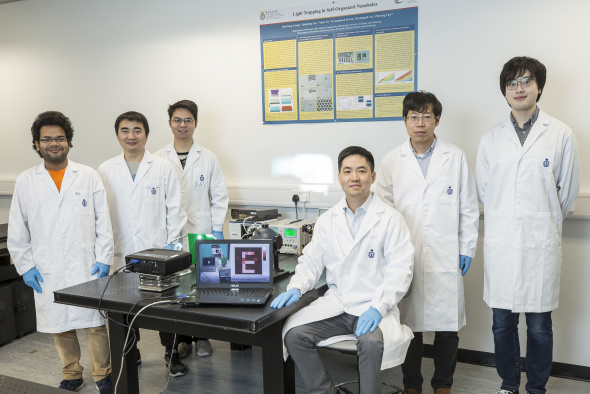 The team has successfully made the prototype of the “super human eye” – an artificial visual system that uses a spherical biomimetic electrochemical eye with hemispherical retina made of a high-density perovskite nanowire array. From left: Swapnadeep Poddar, Shu Lei, Zhang Daquan, Prof. Fan Zhiyong, Dr. Gu Leilei and Long Zhenghao.