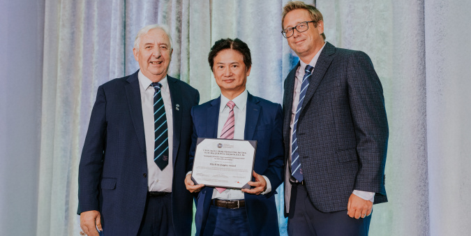 Prof. Charles Ng (center) received the R.M. Quigley Award at the Canadian Geotechnical Conference, which was held on September 15-18, 2024, in Montreal, Quebec.