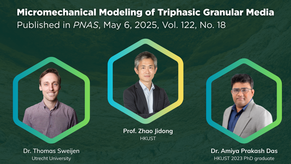 Prof. Zhao Jidong (center) and Dr. Amiya Prakash Das (right) from HKUST, together with Dr. Thomas Sweijen (left) from Utrecht University, have developed a groundbreaking computational model to study the movement of granular materials such as soils, sands and powders.