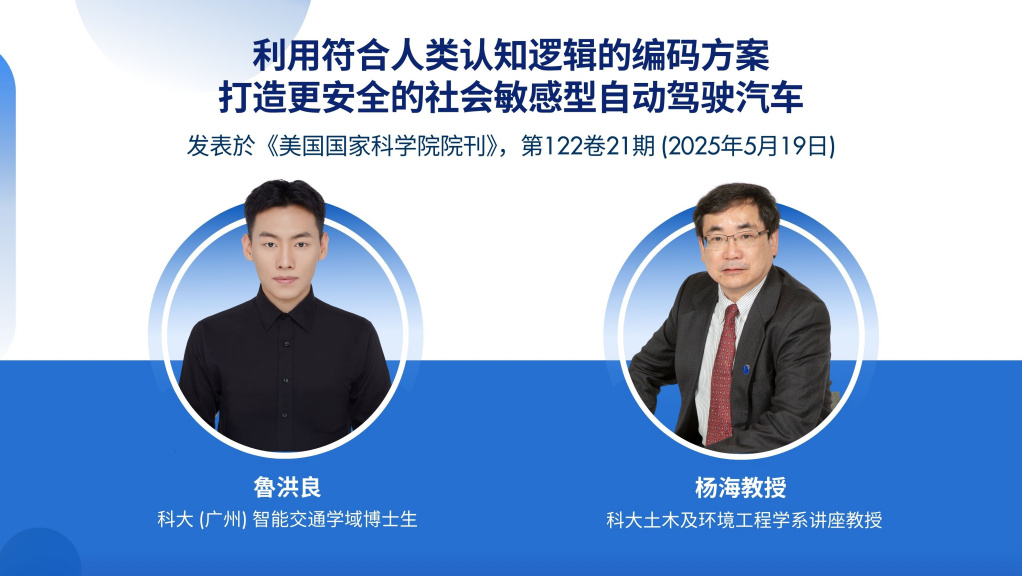 科大土木及环境工程学系讲座教授杨海（右）与科大（广州）智能交通学域博士生鲁洪良（左）融合神经科学丶认知科学和伦理学，开发出一套新系统，使自驾车能象真人司机般「思考」。