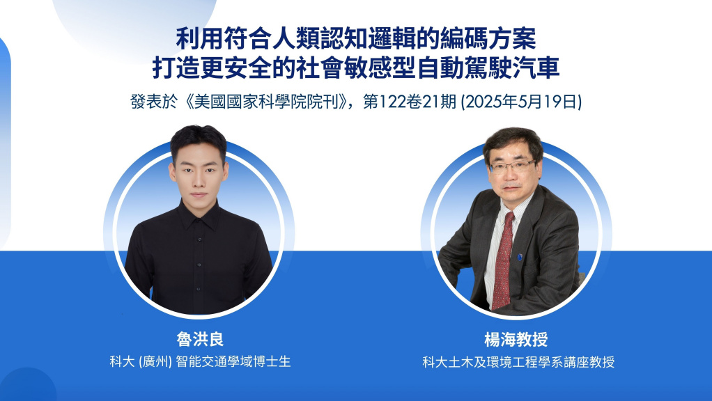 科大土木及環境工程學系講座教授楊海（右）與科大（廣州）智能交通學域博士生魯洪良（左）融合神經科學、認知科學和倫理學，開發出一套新系統，使自駕車能像真人司機般「思考」。