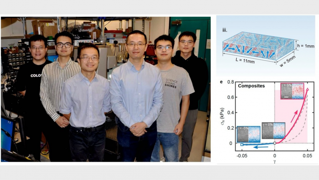 An HKUST research team led by Prof. Hu Wenqi (left third) and Prof. Xu Qin (third right) develops soft composites with non-reciprocal responses through shear-jamming transitions.