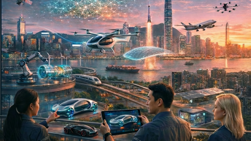 An AI-generated image illustrating the many facets of Mechanical and Aerospace Engineering (MAE): HKUST’s MAE programs empower students to shape the future by integrating AI, extended reality, and real-world innovation across air mobility, robotics, sustainable energy, smart manufacturing, advanced materials, space technologies, and beyond.