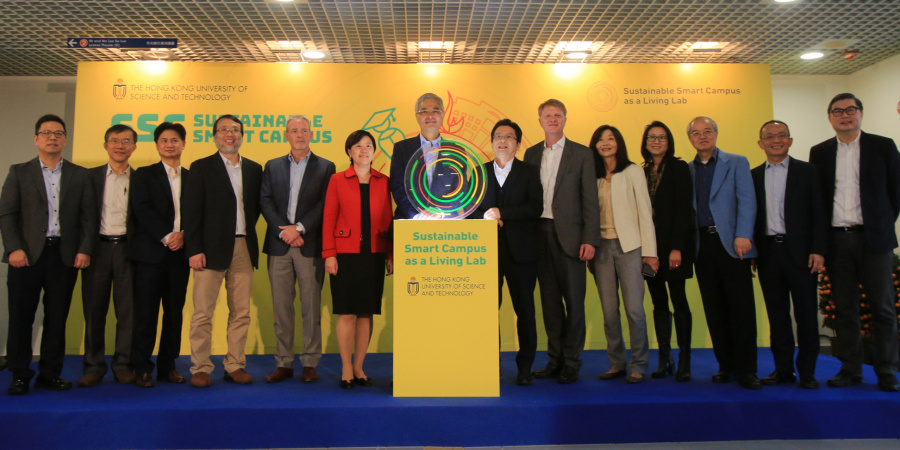 From left: Director of HKUST’s GREAT Smart Cities Center Prof. Lo Hong-Kam, Associate Vice-President for Knowledge Transfer and Dean of HKUST Fok Ying Tung Graduate School Prof. Enboa Wu, Associate Vice-President for Research & Development Prof. Charles Ng, Director of Interdisciplinary Programs Office and Acting Dean of Students Prof. King Chow, Head of HKUST’s Sustainability Unit Mr. Davis Bookhart, Vice-President for Research & Development Prof. Nancy Ip, President Prof. Wei Shyy, Acting Provost Prof. Po