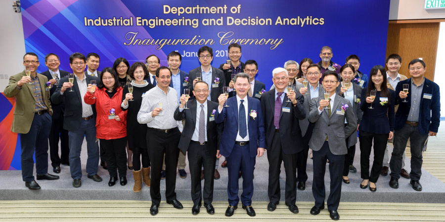 (From left, front row) IEDA’s Academic Advisory Board member – Prof David Simchi-Levi of Engineering Systems at Massachusetts Institute of Technology, Dean of Engineering Prof Tim Cheng, IEDA Head and Crown Worldwide Professor of Engineering Prof Guillermo Gallego, K.T. Li Chair Professor of Engineering at Stanford University Prof Ye Yinyu and IELM former Head Prof Tsung Fugee celebrate at the department’s inaugural ceremony with other faculty and staff members.