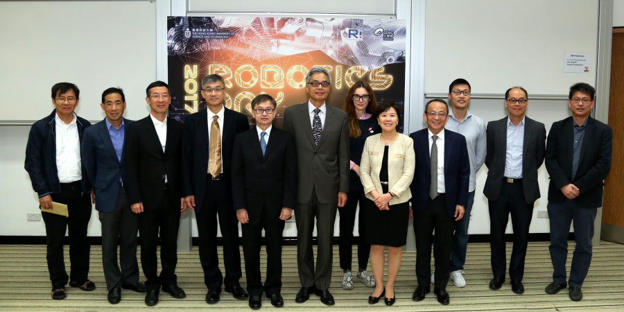 The organizers and speakers (from left) – (4th) Prof Michael Wang, Director of the HKUST Robotics Institute; (5th) Dr David Chung Wai-keung, Under Secretary for Innovation and Technology, HKSAR Government; (6th) Prof Wei Shyy, Executive Vice-President & Provost, HKUST; (8th) Prof Nancy Ip, Vice-President for Research and Graduate Studies, HKUST; and (9th) Prof Tim Cheng, Dean of Engineering, HKUST.