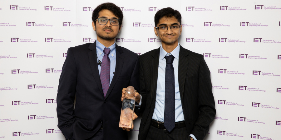 Amrut (left) and Paddy at the global final of the IET Present Around The World Competition.