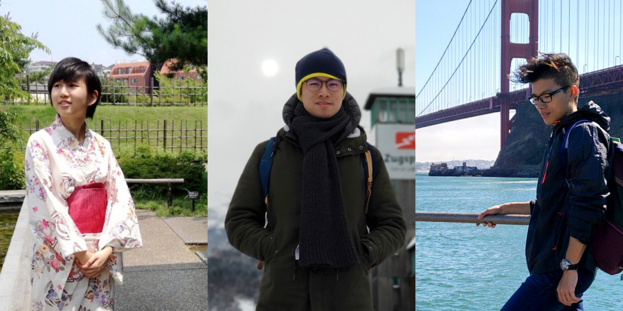 (From left) Alumni CHAU Wing-In, Stephen LUI Ka-Fai and Alan SHAM Ka-Yi have adapted to their new ways of life in Tokyo, Munich and San Francisco respectively.