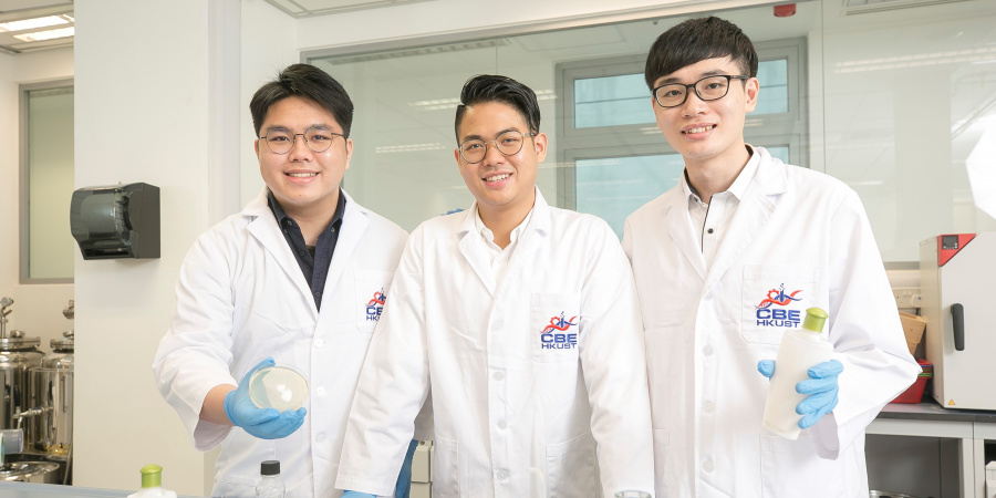 Learning by doing: Andy Choy (left), Isaac Kwan (center), and Michael Lui (right) created a long-lasting antimicrobial hand cream in an experiential learning course on product and process design in Spring 2020.