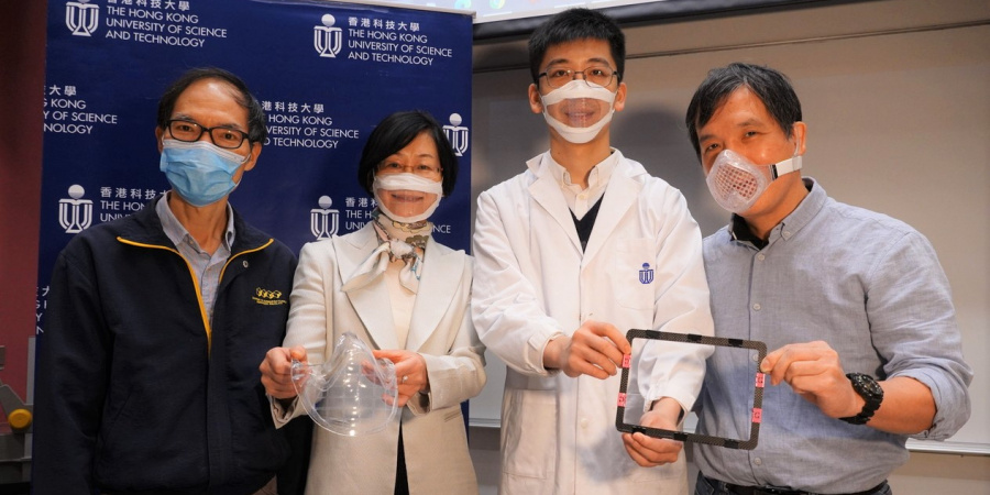 Prof. Gao Ping (second left), her PhD student Gu Qiao (second right), as well as Cheung Shu-Kwan (first left) and Walter Lee (first right) from Design and Manufacturing Services Facility of HKUST