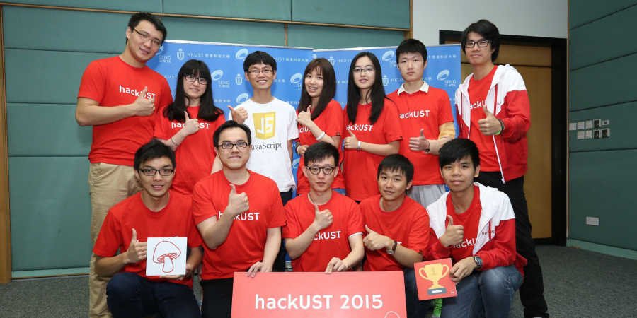 Mr Stone Huang, Technical Supervisor, Social Platform Department, Tencent, (3rd from left, back row)also one of the judges of Hackathon@HKUST 2015, together with two of the winning teams RoundUp and Everhelp, and the student organizing team.
