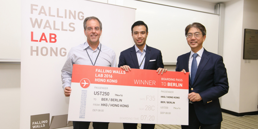 (From left): Prof David Banfield, Professor of Division of Life Science and Chairman of panel of judges, 1st place recipient Daniel Josephus Villaroman, and Prof Joseph H W Lee, Vice-President for Research & Graduate Studies 