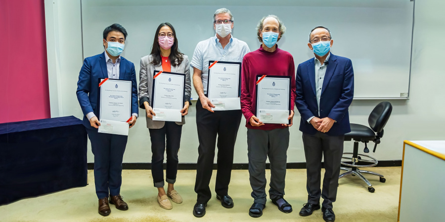 (From left) Prof. Terence Wong, Prof. Rhea Liem, Prof. Ross Murch, and Prof. Andrew Horner received the SENG Teaching Excellence Appreciation Award 2020-21 from Prof. Tim Cheng, Dean of Engineering.