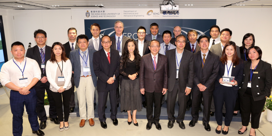 Representatives of participating companies and professional institutions in the aviation industry pose for a photo after souvenir presentation by Swire Professor of Aerospace Engineering Prof Xin Zhang (3rd from left, front row), Chair Professor of Mechanical and Aerospace Engineering, also with Ms Candy Nip (6th from right, front row), Principal Assistant Secretary for Transport and Housing (Transport), Prof Tim Kwang Ting Cheng (5th from right, front row), Dean of Engineering, and Prof Christopher Chao (1