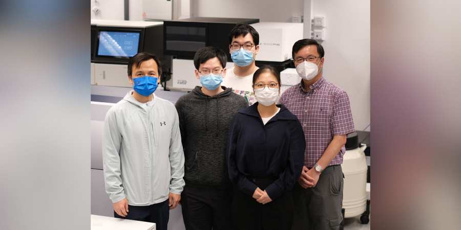 Study co-leads Prof. Qu Jianan (first right), Professor at Department of Electronic and Computer Engineering (ECE), and Prof. Liu Kai (first left), Associate Professor at Division of Life Science; as well as the first author of the study Wu Wanjie (second right), PhD student of ECE.