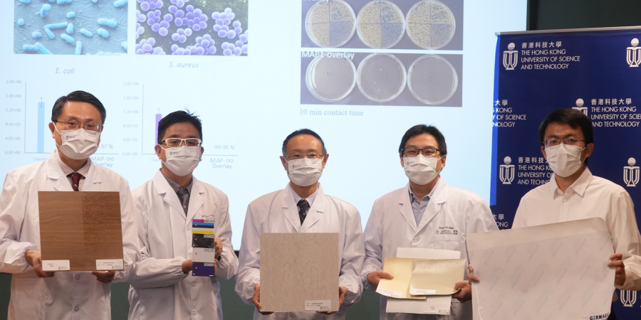 (From left) Prof. Yeung King-Lun, Director of HKUST-CIL Joint Laboratory of Innovative Environmental Health Technologies (HKUST-CIL Lab); Mr. Hamilton Hung, Chief Marketing Officer of Chiaphua Industries Limited; Prof. Joseph Kwan and Prof. Han Wei, Associate Directors of HKUST-CIL Lab; and a research team member have improved the formula of the antimicrobial coating MAP-1, launched at the onslaught of the COVID-19 pandemic in early 2020, pushing the coating’s durability from three months to five years.